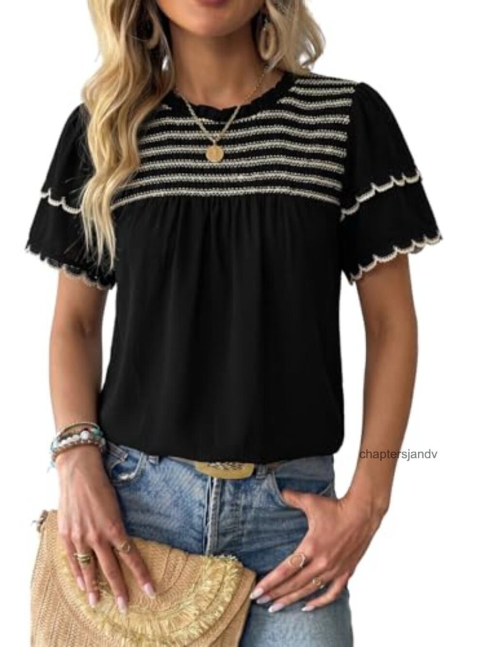 Smocked Striped Blouse Short Sleeve Crewneck Ruffle Top Summer